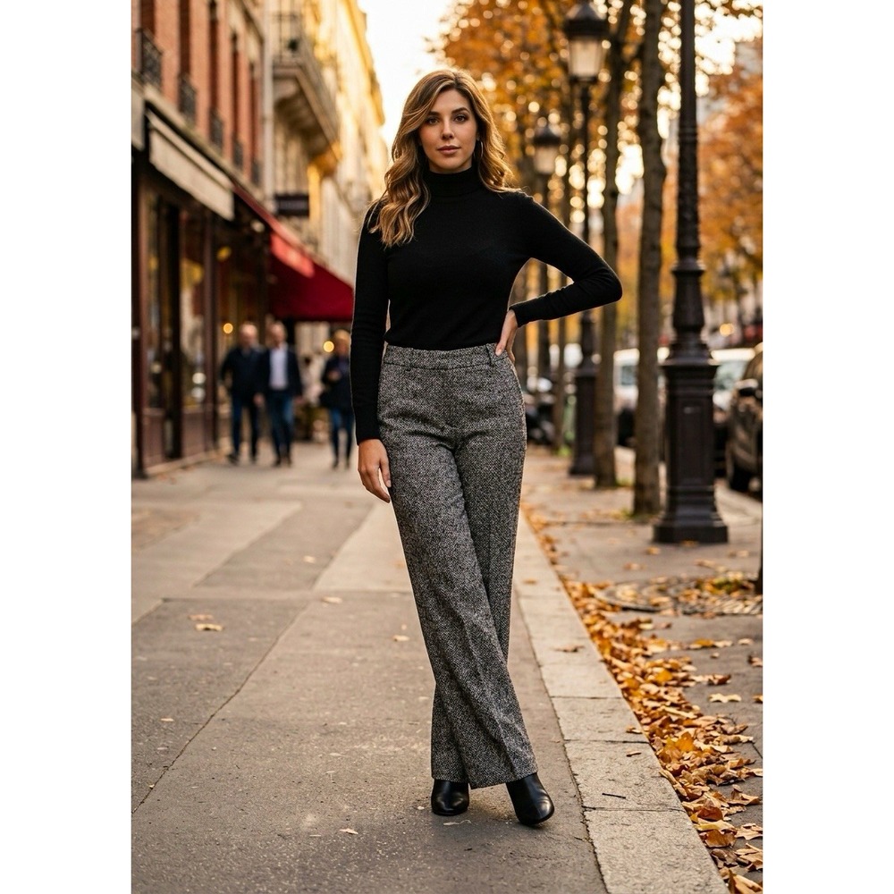 Ann Taylor Womens Gray Herringbone Tweed Straight Leg Wool Pants 10 Officewear